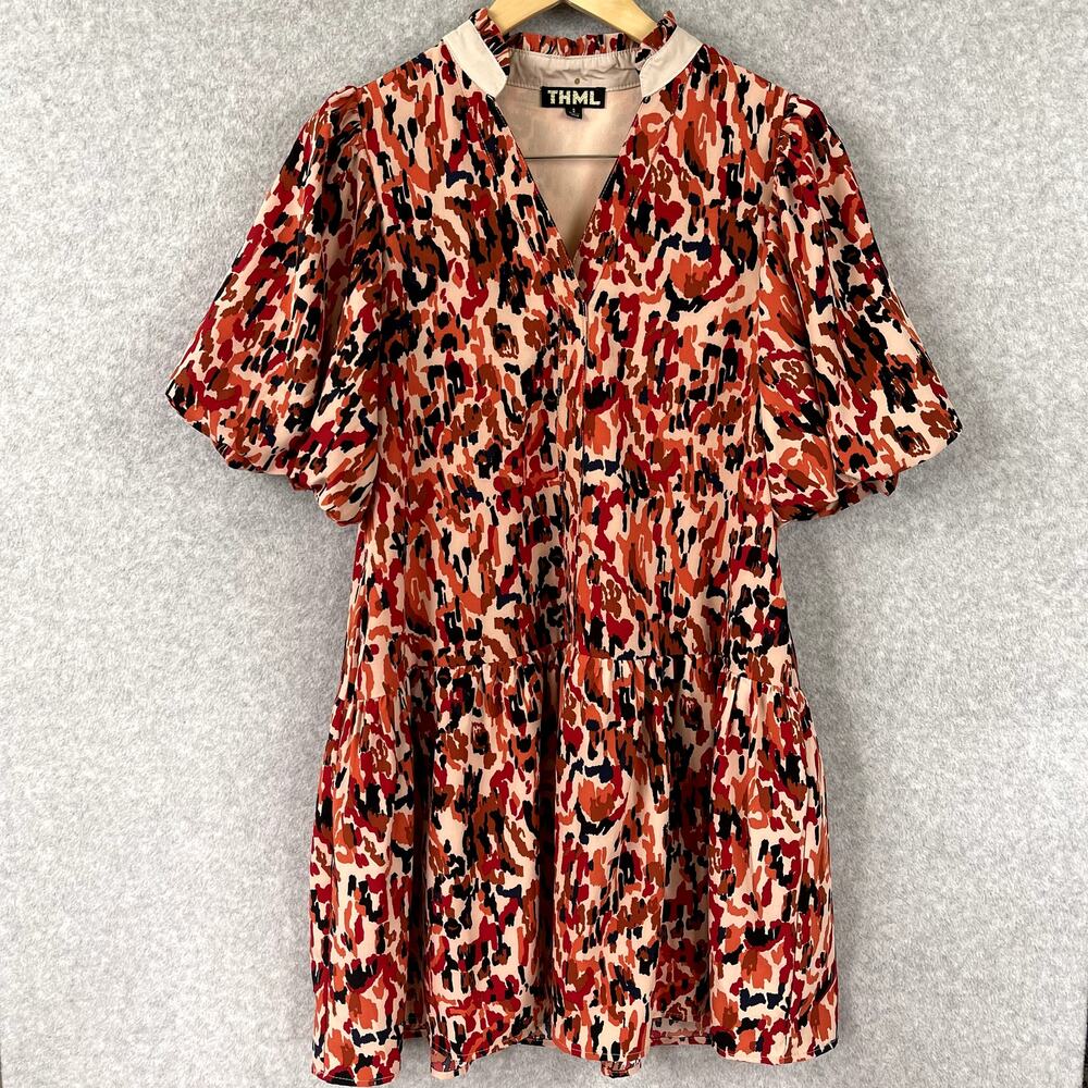 THML Mini Dress Size S Multicolor Red Puff Sleeve Abstract Geometric Bold